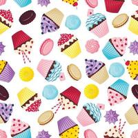 Seamless pattern with cute cupcakes, cookies and meringues on a white background in a cartoon flat style vector