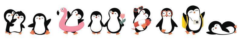 lindos pingüinos pequeños plantean conjunto de garabatos vector