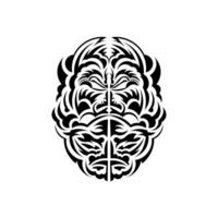 Black and white Tiki mask. Frightening masks in the local ornament of Polynesia. Isolated. Tattoo sketch. Vector illustration.