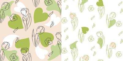 Spring vector pattern with green hearts and tulips