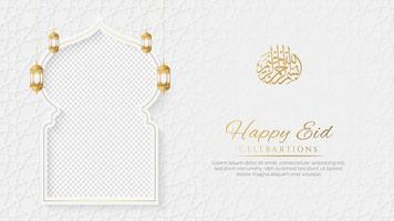 Happy Eid Islamic social media post with empty space for photo and lantern ornament pattern background vector