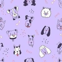 Seamless decorative pattern with muzzle and portraits of cute domestic dogs of different breeds on light purple background. Vector illustration in hand drawn linear doodles for design, decoration