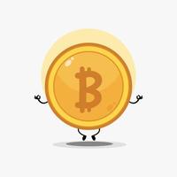 lindo personaje de moneda bitcoin meditando en pose de yoga vector