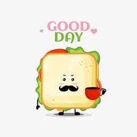 Cute sandwich character with coffee cup vector