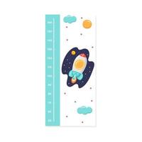 Children's height meter with a ruler in centimeters with a cartoon rocket in space. vector