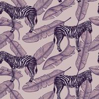 African zebra and banana leaf seamless pattern. Retro tropical animals in engraving style. vector