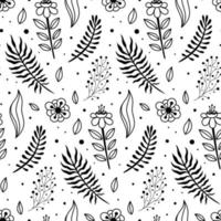 Black and White Hand Drawn Spring Flower Vector Seamless Pattern