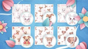 Set cartoon character animal and seamless pattern. vector