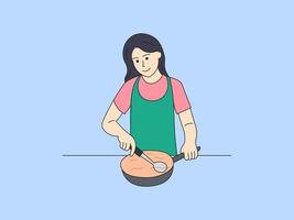 ilustración de cocina, freír ingredientes alimentarios en una sartén vector