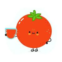 Cute tomato with glass of juice. Vector hand drawn doodle style cartoon character illustration icon design. Card with cute happy tomato and tomato juice
