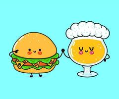 Cute, funny happy hamburger and beer. Vector hand drawn cartoon kawaii characters, illustration icon. Funny cartoon hamburger and beer mascot character concept