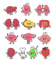 órganos internos humanos felices. dibujos animados órgano humano corazón, hígado, estómago, pulmones, riñones, páncreas, intestinos, vejiga, útero, cerebro, bazo, hueso, vesícula biliar. conjunto de ilustración retro de órganos internos vector