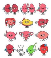 Sad human internal organs. Cartoon human organ heart, liver, stomach, lungs, kidneys, pancreas, intestines, bladder, uterus, brain, spleen, bone, gallbladder. Internal organs retro illustration set vector