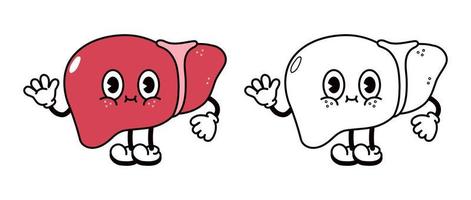 Cute funny liver waving hand character outline cartoon illustration for coloring book. Vector hand drawn traditional cartoon vintage, retro, kawaii character icon. Isolated on white background