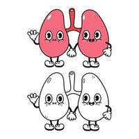 lindo personaje de pulmones divertido. vector dibujado a mano dibujos animados tradicionales vintage, retro, icono de personaje kawaii. emoji de pulmones, niño, adorable, concepto de niños. esquema de ilustración de dibujos animados para colorear libro