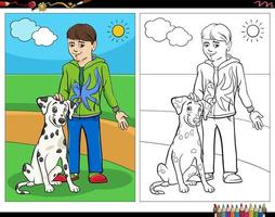 niño de dibujos animados y su página de libro para colorear de perro vector