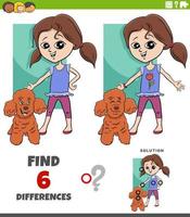 differences game with cartoon girl and her poodle dog vector