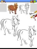 tarea de dibujo y coloreado con carácter de animal de granja de caballos vector