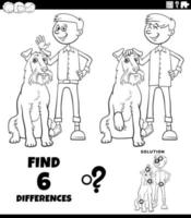 tarea de diferencias con el niño y su página del libro de colorear de perro vector