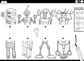 match halves of cartoon robots pictures task coloring book page vector
