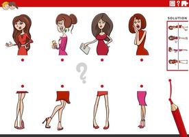 match halves of pictures with comic women educational game vector