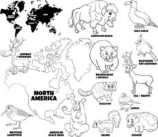 cartoon North American animals set coloring book page vector