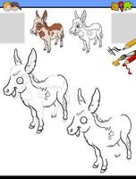 tarea de dibujar y colorear con el personaje de un animal de granja de burros vector