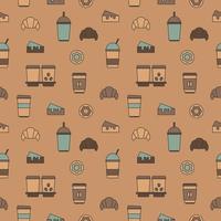 Vector seamless pattern of cups of coffee, drinks, cakes, croissants and donuts.   Illustration on the theme of food, coffee and sweets. Abstract background of icons of cups of coffee, dessert, baking