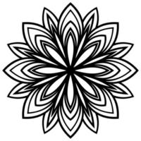 Flower blossom close-up view from above for coloring book. Flowering doodle floral element. Mandala black contour isolated on white background. Geometric circular pattern. vector