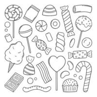 Hand drawn set of sweets and candies doodle. Lollipop, caramel, chocolate, marshmallow in sketch style.  Vector illustration isolated on white background.