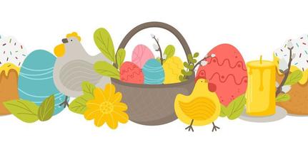 Horizontal Easter pattern with willow, multicolored eggs, cake and chicken on a white background. Vector illustration in a flat style