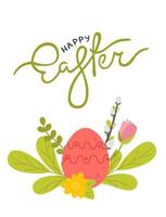 Postcard poster for the Happy Easter holiday with eggs, flowers, willow and other attributes.  Vector illustration in a flat style isolated on a white background