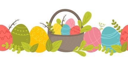 Horizontal Easter pattern with willow, multicolored eggs, cake and chicken on a white background. Vector illustration in a flat style