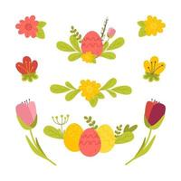 set es una feliz fiesta de pascua con huevos, flores, sauces y otros atributos. ilustración vectorial en un estilo plano aislado en un fondo blanco vector