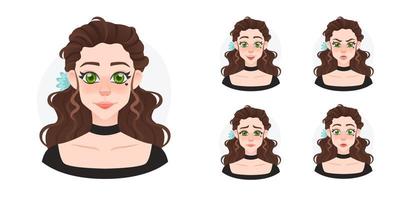 Cartoon young pretty girl avatar set. Beaulifull doll with blue flower in long curly hairs face expressions. Lady style vector
