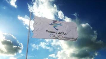 bandera de los juegos olímpicos de invierno de beijing 2022 ondeando en el viento, fondo de cielo azul. representación 3d foto