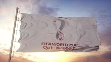 copa mundial de la fifa qatar 2022 bandera ondeando en el viento, fondo de cielo azul. representación 3d foto