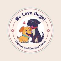 logo de perros para el cuidado de mascotas con dos mascotas divertidas. logotipo de emblema para el cuidado de mascotas vector