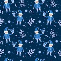 Festive elements seamless pattern. Gnomes with gifts, mistletoe branches and confetti. Christmas. New Year. Suitable for textiles and packaging. vector