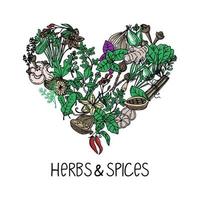 Hand-drawn herbs and spices in a doodle style. Heart-shaped elements. Handwritten lettering. Nuts, spices and herbs. Pepper peas. Flat style vector. vector