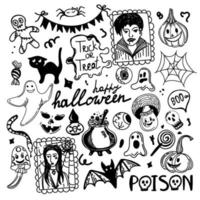 Cute Halloween set. Hand-drawn doodle-style elements. Collection of vector drawings for All Saints' Day pumpkin, ghost, magic objects, cat, voodoo doll, etc.