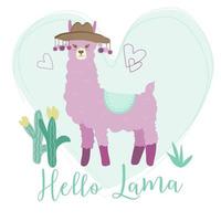 Enamored purple llama on a mint background. Cactus and the inscription hello lama Llama in a hat with pompoms. Background with hearts. The vector is made in a flat style.