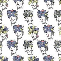 Seamless pattern. Linear vector. Women's faces with different ornaments on the head. Jewelry on girls. Exotic flowers. Women. Suitable for textiles or packaging. vector