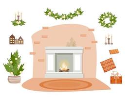 New Year's interior. A set of items on a white background in a circle. Gifts, tree, houses, candles and fireplace decorations. Vector in flat style. Possibility of your own design.