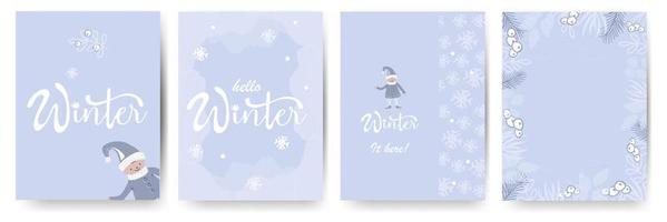 Hello winter concept. Handwritten brush lettering. Calligraphic text on blue abstract background. Vector greeting card.