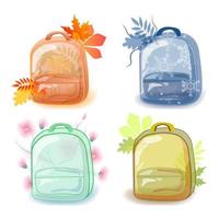 Concept of the seasons. Transparent backpacks in bright colors. Autumn, winter, spring and summer. The vector is made with the style of a complex flat