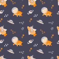Flying dinosaurs seamless pattern. Stars, planets. Space. Dinosaurs in space. The vector is made in a flat style. Illustration. Suitable for textiles and packaging.
