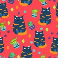 Pattern with dissatisfied cats and cacti vector