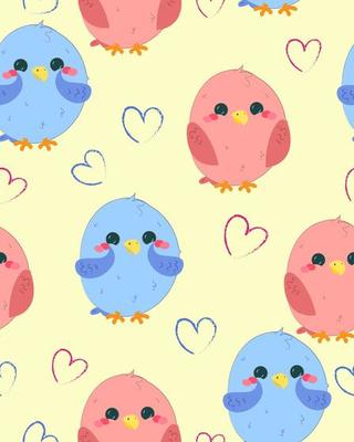 Pattern with cute birds and hearts