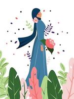 Beautiful muslim woman with a big pink flower standing gorgeous in the nature. Woman wearing hijab. International Women's Day. For cards, banners, advertisements, flyers. Vector illustration